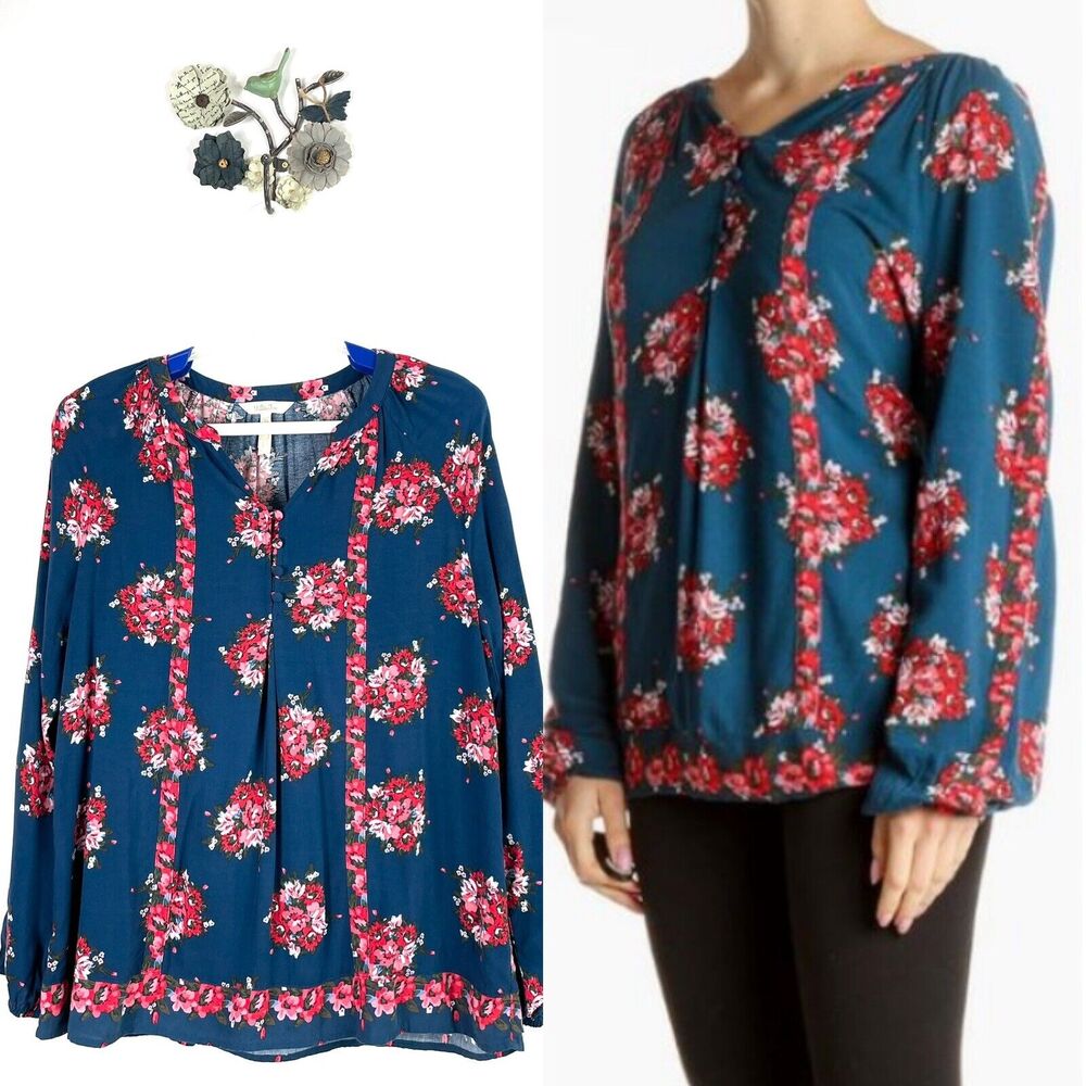 Matilda Jane So Vivid Top Womens Medium Blue Floral Long Sleeve Tunic Blouse